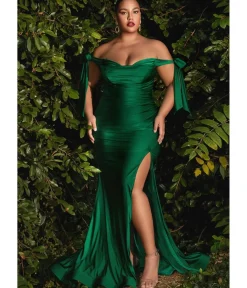Unique Vintage Special Occasion|Prom Dresses>Cinderella Divine Plus Size Emerald Off The Shoulder Tie Bridesmaid Gown