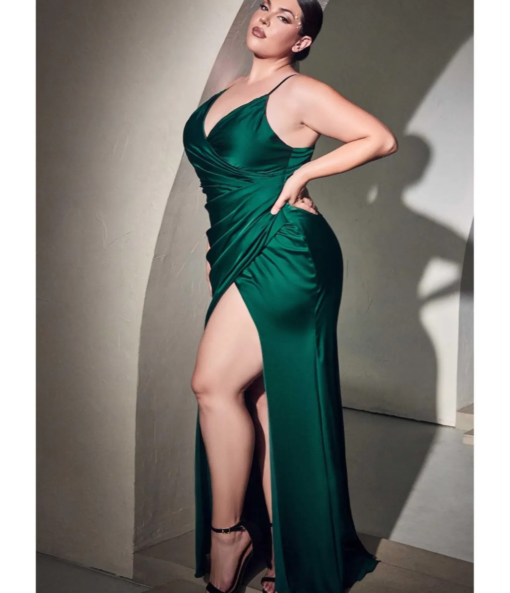Unique Vintage Special Occasion|Prom Dresses>Cinderella Divine Plus Size Emerald Ruched Satin Mystique Bridesmaid Gown
