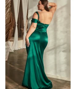 Unique Vintage Special Occasion|Prom Dresses>Cinderella Divine Plus Size Emerald Ruched Satin One Shoulder Evening Gown