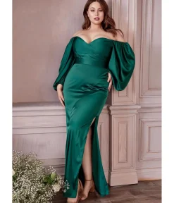 Unique Vintage Bridesmaid Dresses|Wedding Guest>Cinderella Divine Plus Size Emerald Satin Long Sleeve Bridesmaid Dress