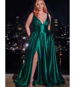 Unique Vintage Special Occasion|Prom Dresses>Cinderella Divine Plus Size Emerald Satin Prom Dress