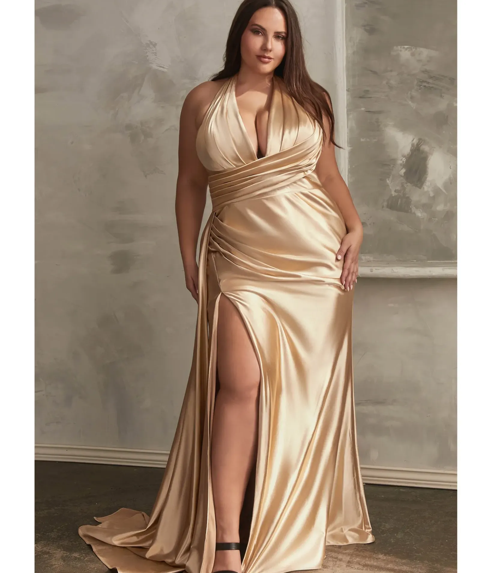 Unique Vintage Special Occasion|Prom Dresses>Cinderella Divine Plus Size Gold Pleated Satin Halter Fitted Slit Dress