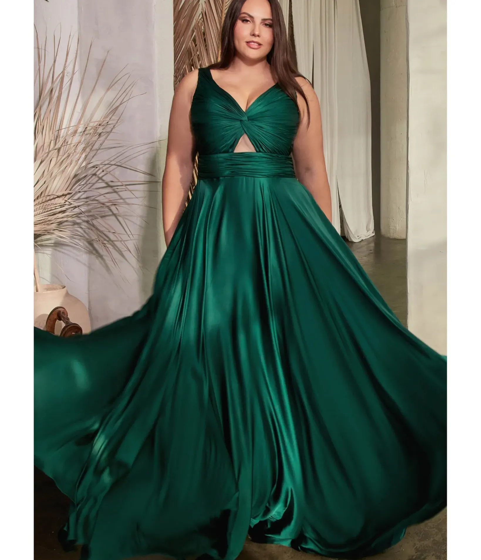 Unique Vintage Special Occasion|Prom Dresses>Cinderella Divine Plus Size Hunter Green Satin Ruched Knotted Keyhole Evening Gown