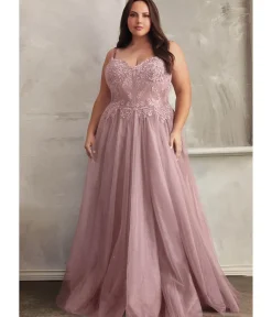 Unique Vintage Special Occasion|Prom Dresses>Cinderella Divine Plus Size Mauve Foliage Applique Corset Tulle Gown