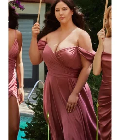 Unique Vintage Special Occasion|Prom Dresses>Cinderella Divine Plus Size Mauve Satin Off The Shoulder Bridesmaid Gown
