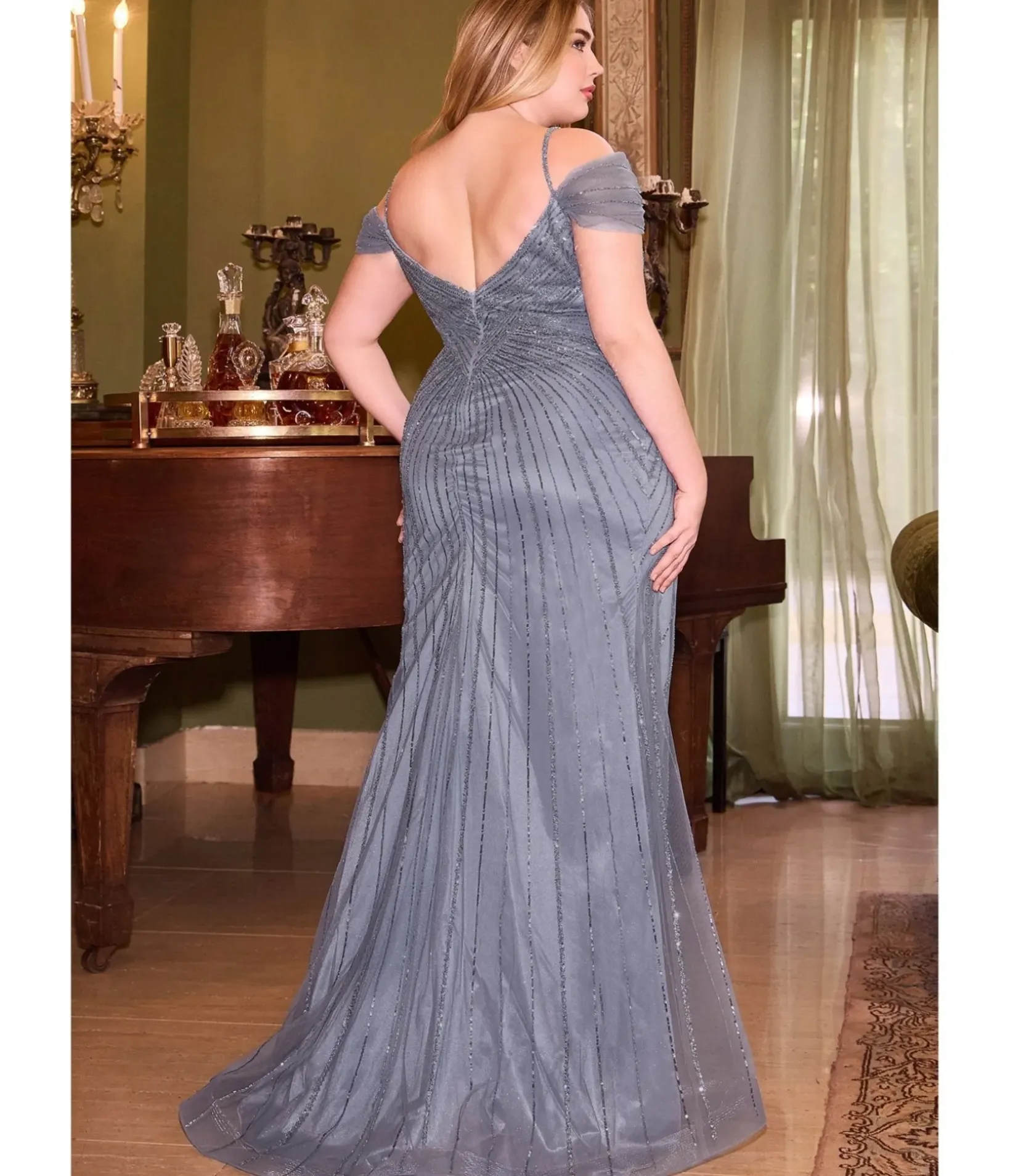 Unique Vintage Special Occasion|Prom Dresses>Cinderella Divine Plus Size Smoky Blue Off The Shoulder Fitted Sequin Bridesmaid Dress