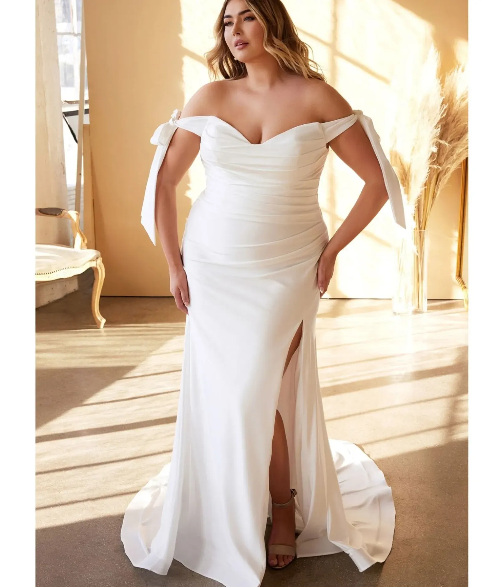 Unique Vintage Special Occasion|Wedding Dresses>Cinderella Divine Plus Size White Off The Shoulder Trumpet Bridal Gown