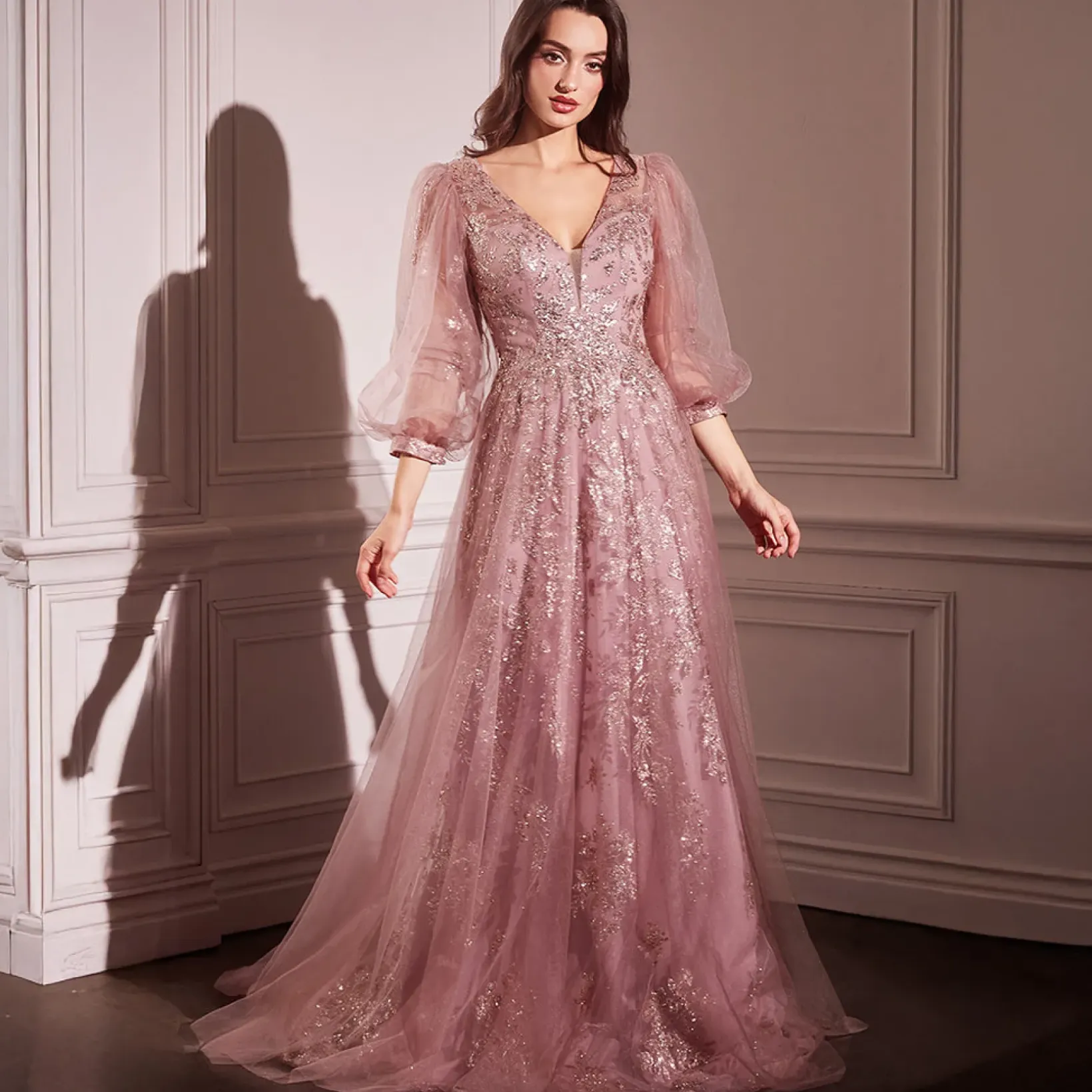 Unique Vintage Special Occasion|Prom Dresses>Cinderella Divine Rose Gold Beaded Long Sleeve A-Line Prom Dress