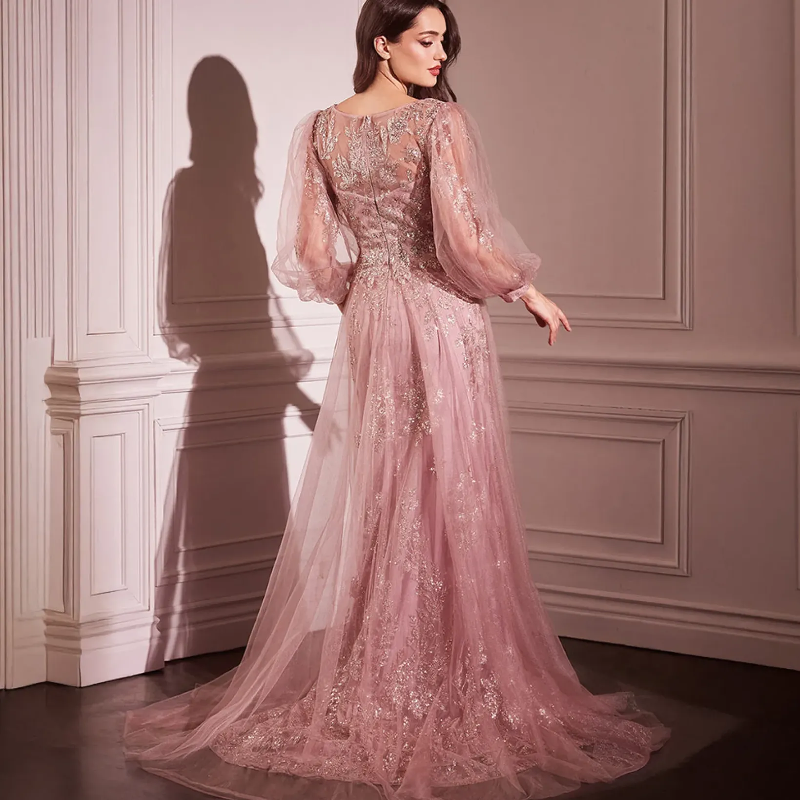 Unique Vintage Special Occasion|Prom Dresses>Cinderella Divine Rose Gold Beaded Long Sleeve A-Line Prom Dress