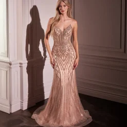 Unique Vintage Special Occasion|Prom Dresses>Cinderella Divine Rose Gold Embellished Strapless Mermaid Prom Dress