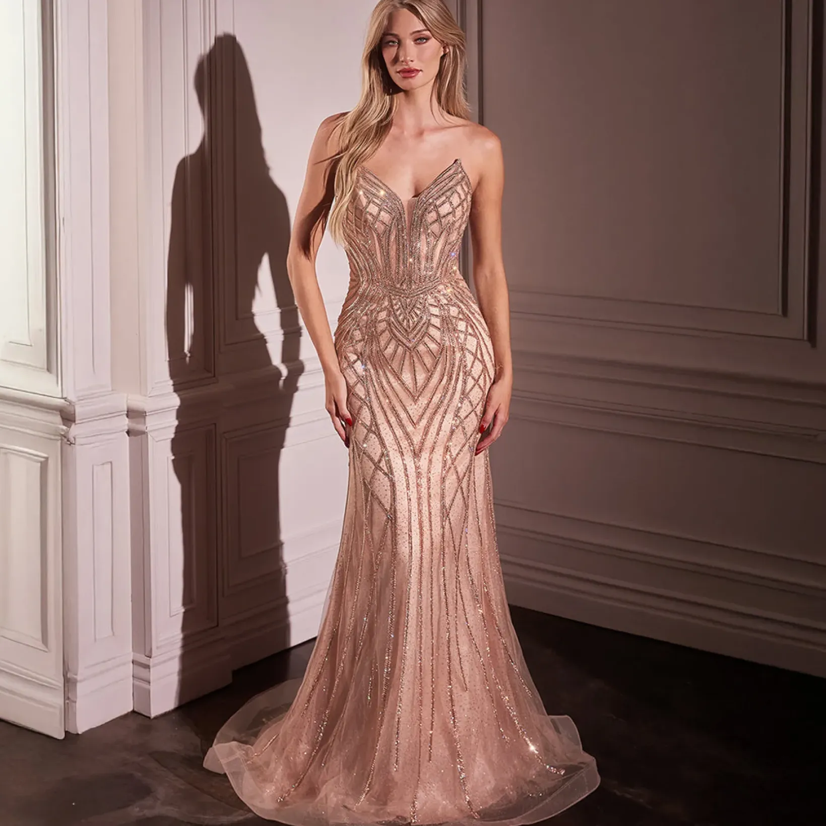 Unique Vintage Special Occasion|Prom Dresses>Cinderella Divine Rose Gold Embellished Strapless Mermaid Prom Dress