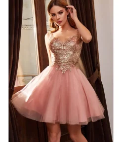 Unique Vintage Special Occasion|Prom Dresses>Cinderella Divine Rose Gold Embellished Tulle Mini Homecoming Dress
