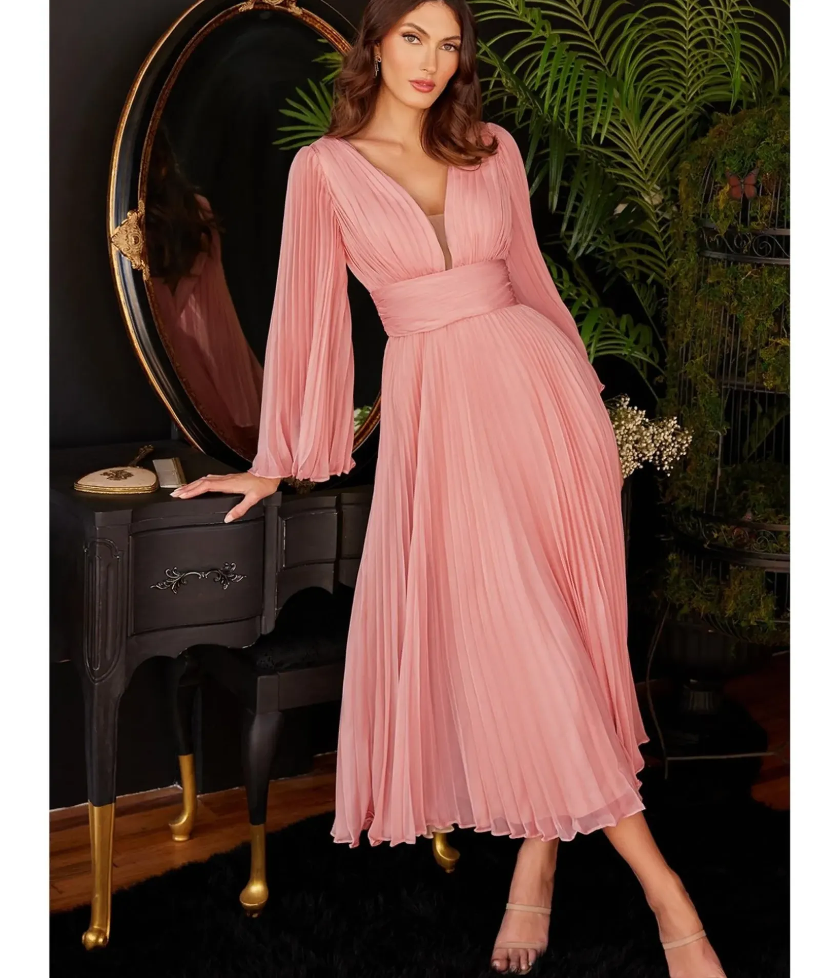 Unique Vintage Special Occasion|Prom Dresses>Cinderella Divine Rose Gold Pleated Midi Bridesmaid Dress