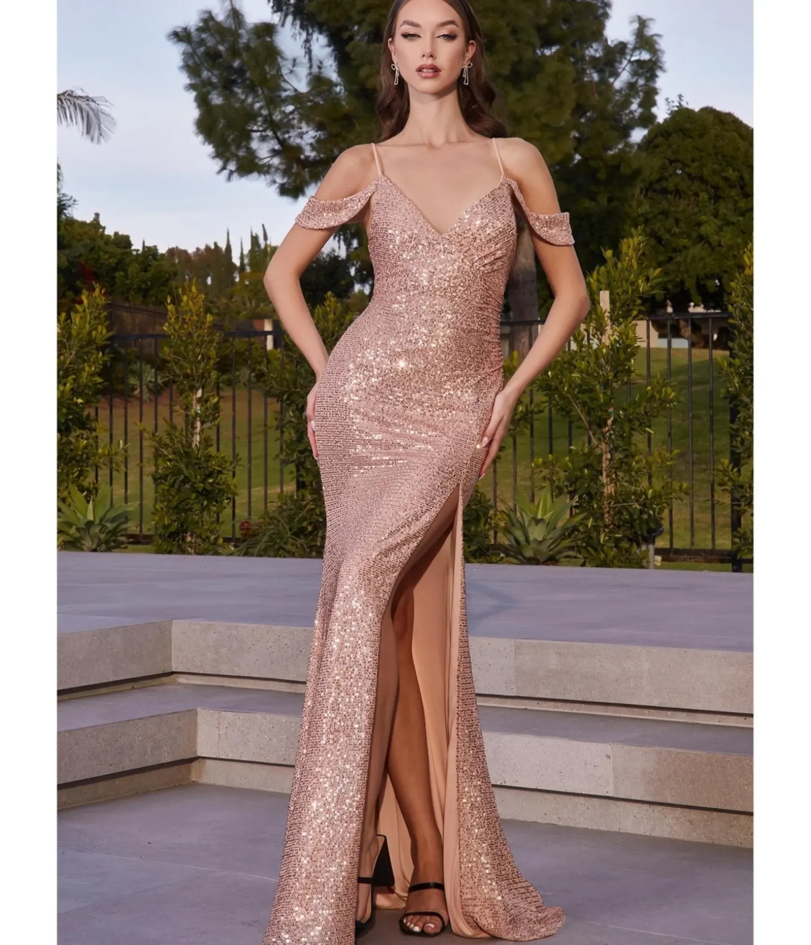 Unique Vintage Special Occasion|Prom Dresses>Cinderella Divine Rose Gold Sequin Cold Shoulder Bridesmaid Gown