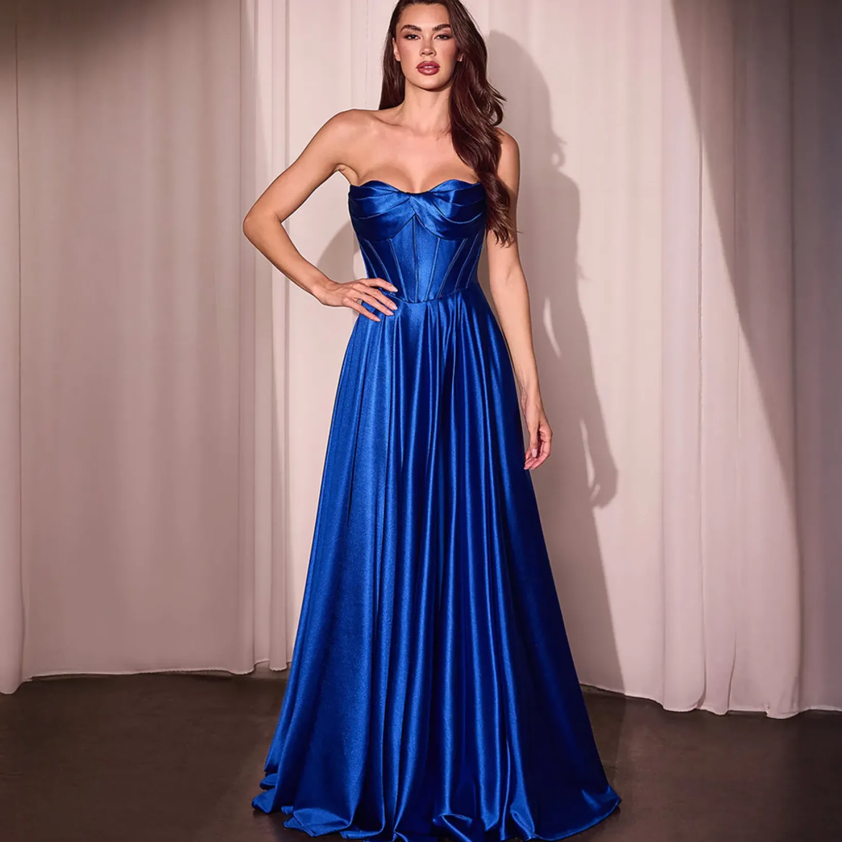 Unique Vintage Special Occasion|Prom Dresses>Cinderella Divine Royal Blue Satin Strapless A-Line Slit Prom Dress