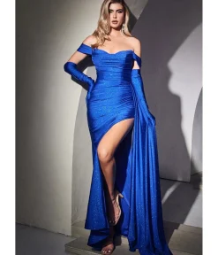 Unique Vintage Special Occasion|Prom Dresses>Cinderella Divine Royal Blue Shimmering Off The Shoulder Bridesmaid Dress with Gloves