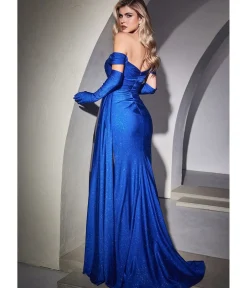 Unique Vintage Special Occasion|Prom Dresses>Cinderella Divine Royal Blue Shimmering Off The Shoulder Bridesmaid Dress with Gloves