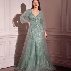 Unique Vintage Special Occasion|Prom Dresses>Cinderella Divine Sage Beaded Long Sleeve A-Line Prom Dress