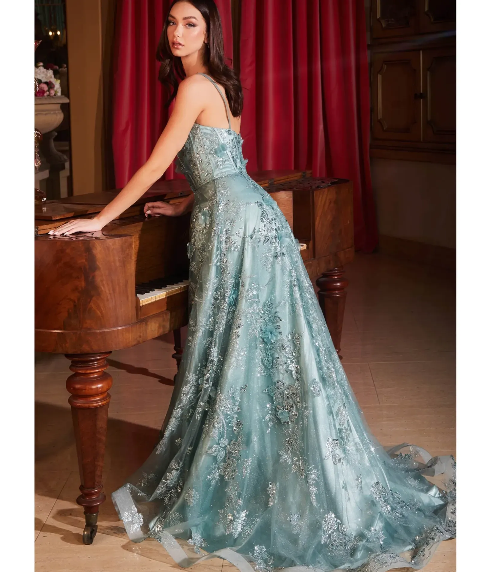 Unique Vintage Special Occasion|Prom Dresses>Cinderella Divine Sage Flower Sparkle Prom Gown