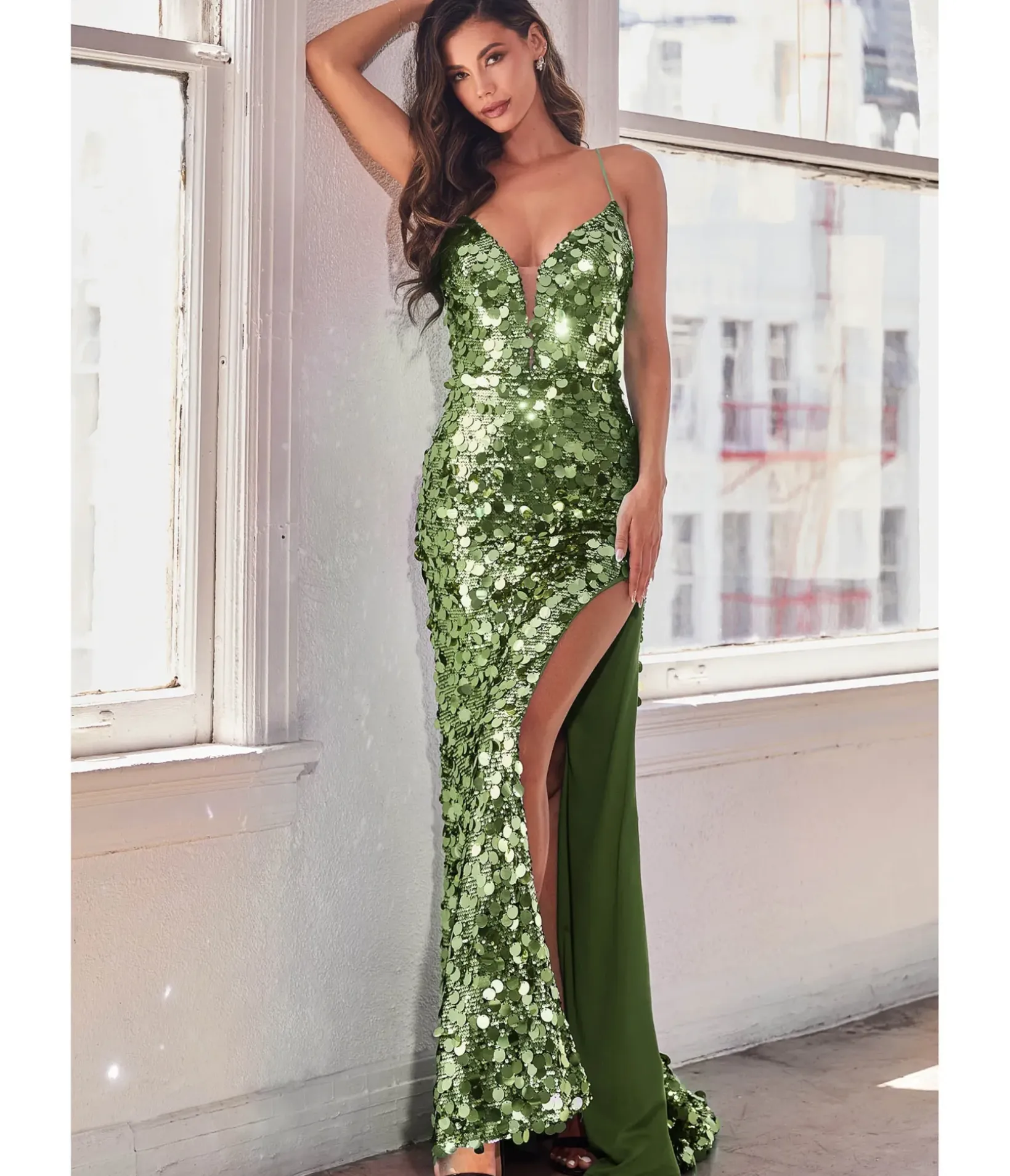 Unique Vintage Special Occasion|Prom Dresses>Cinderella Divine Sage Pailllette Sequin Sheath Evening Gown