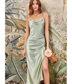 Unique Vintage Special Occasion|Under $100>Cinderella Divine Sage Satin Slip Homecoming Midi Dress