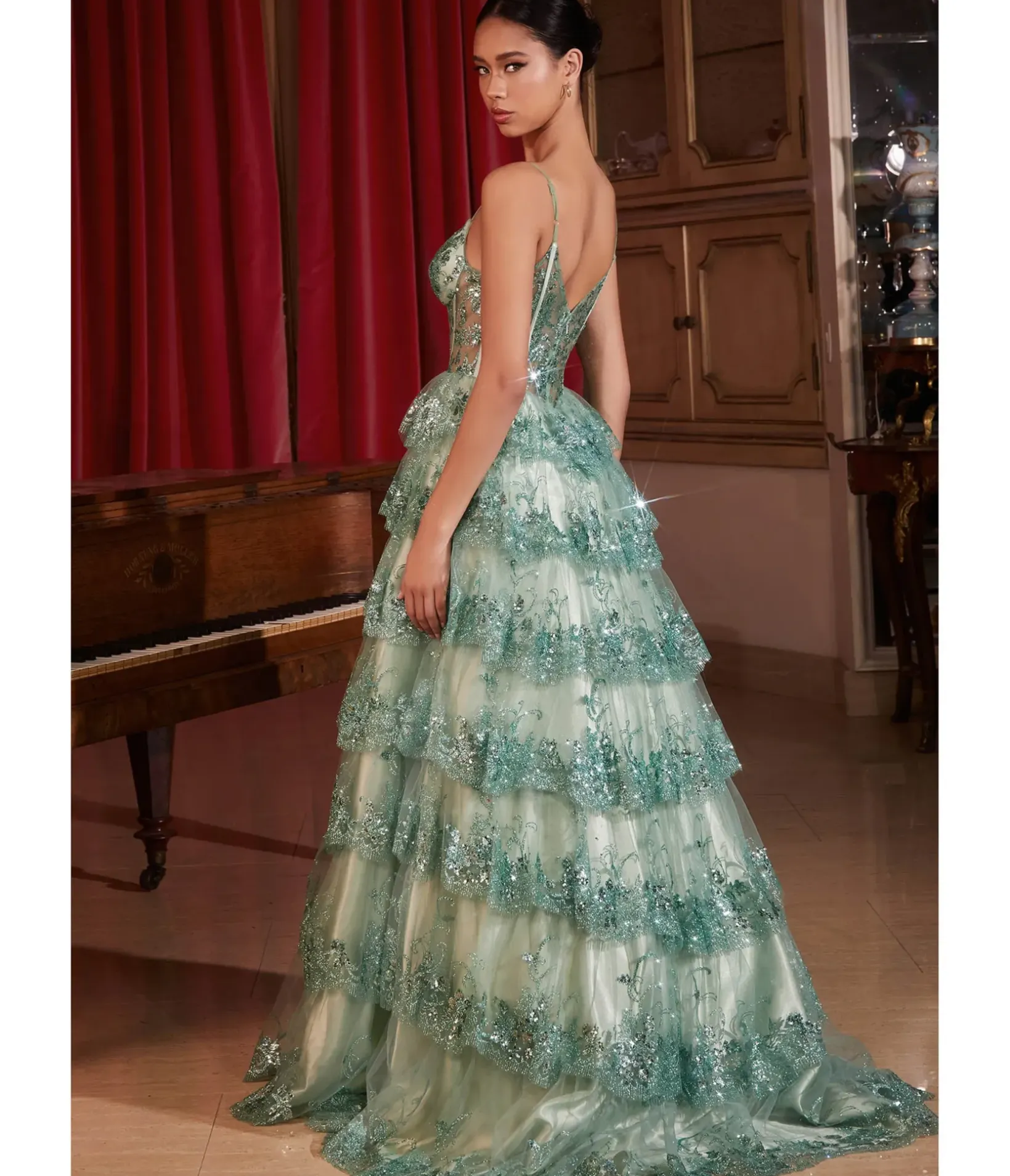 Unique Vintage Special Occasion|Prom Dresses>Cinderella Divine Sage Sparkle Tiered Prom Dress