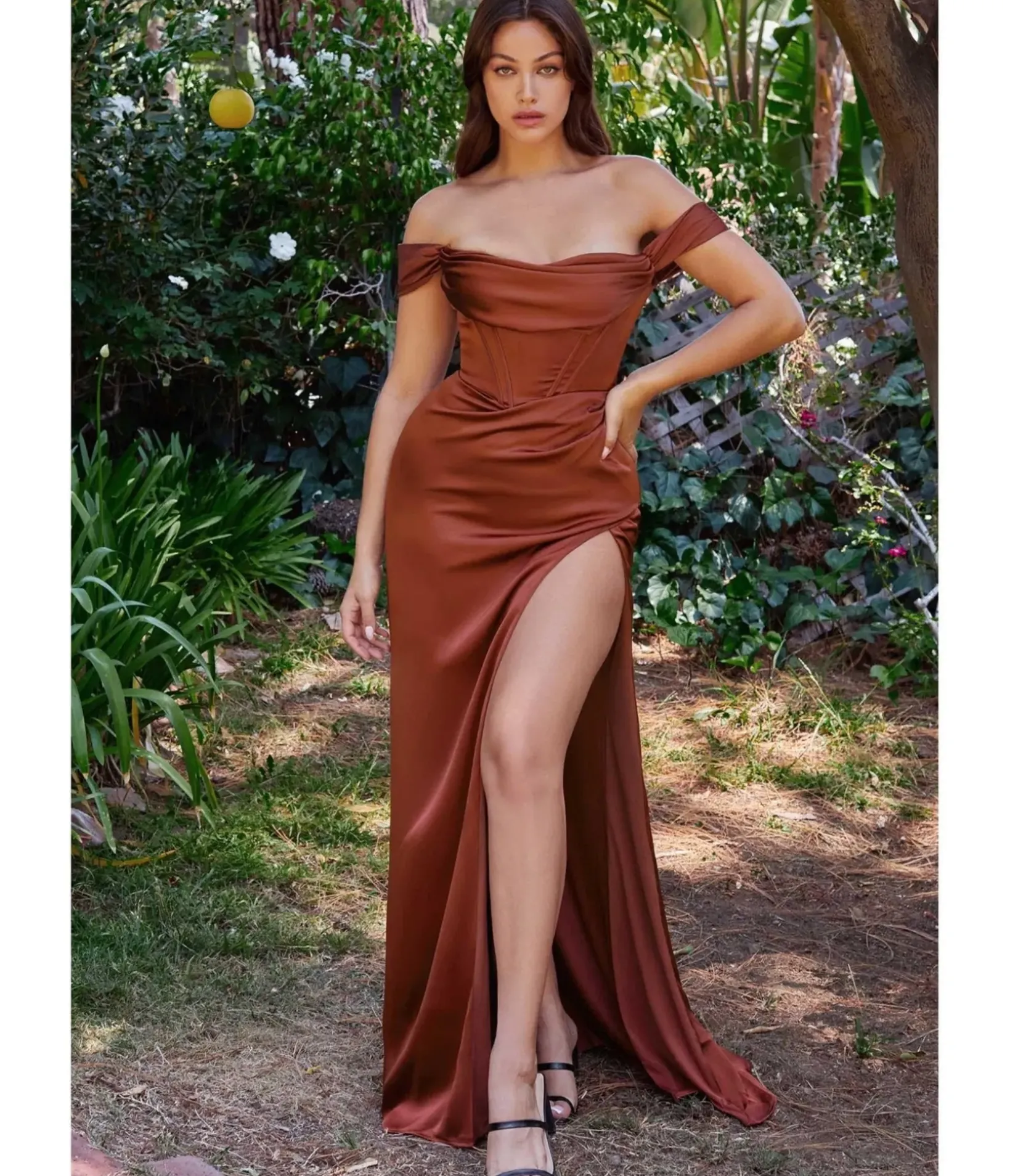 Unique Vintage Special Occasion|Prom Dresses>Cinderella Divine Sienna Satin Off the Shoulder Corset Bridesmaid Gown