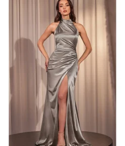 Unique Vintage Special Occasion|Prom Dresses>Cinderella Divine Silver Fitted Satin Halter Bridesmaid Dress