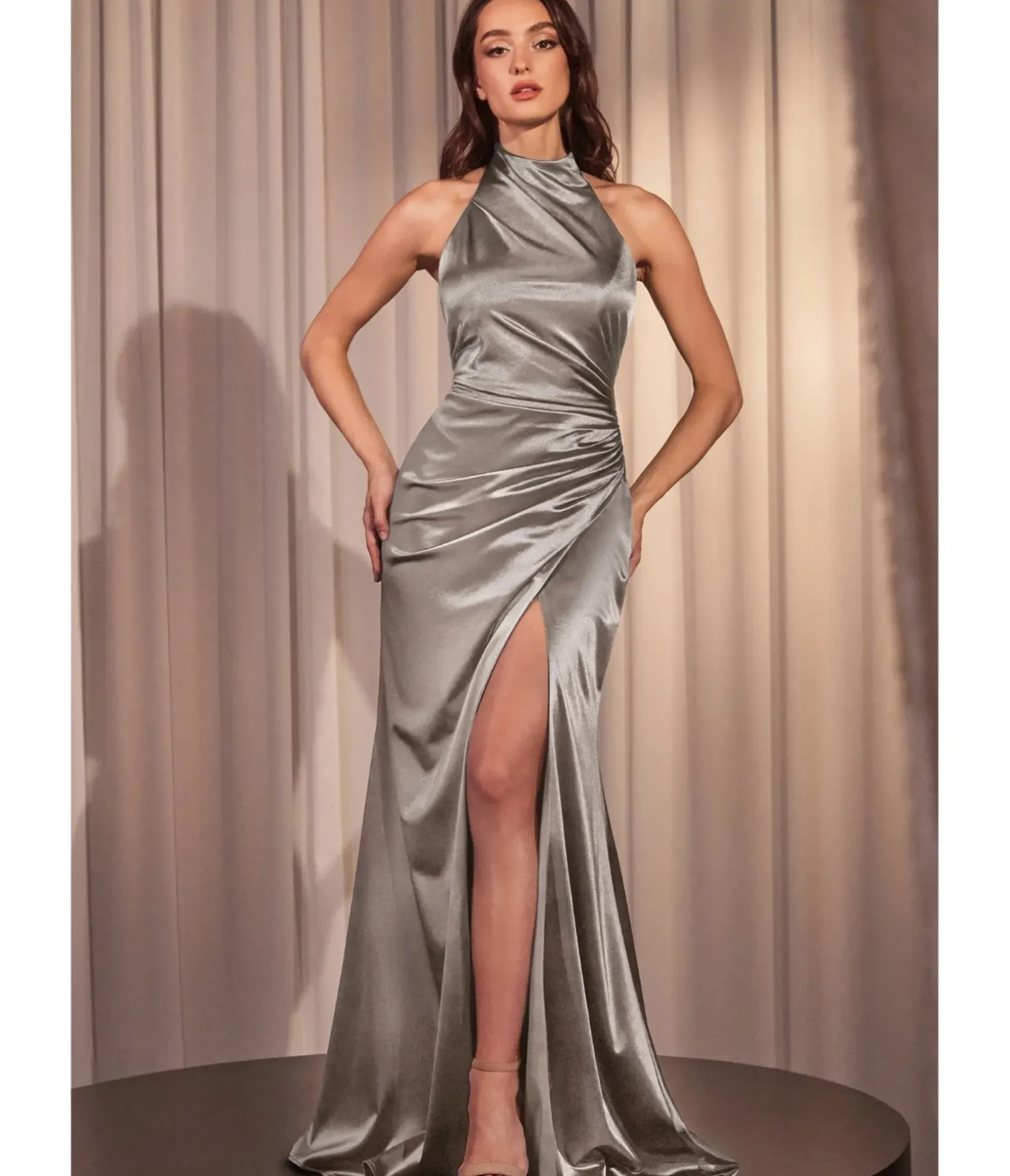 Unique Vintage Special Occasion|Prom Dresses>Cinderella Divine Silver Fitted Satin Halter Bridesmaid Dress