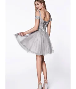 Unique Vintage Special Occasion|Prom Dresses>Cinderella Divine Silver Glitter Tulle Cold Shoulder Homecoming Dress
