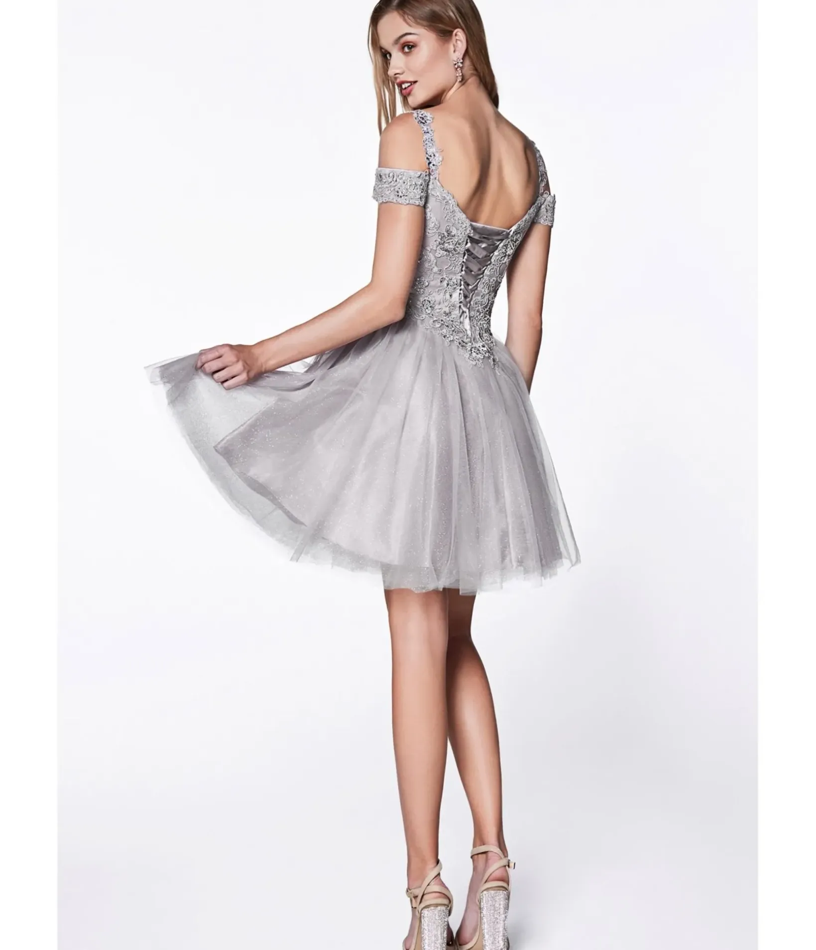 Unique Vintage Special Occasion|Prom Dresses>Cinderella Divine Silver Glitter Tulle Cold Shoulder Homecoming Dress