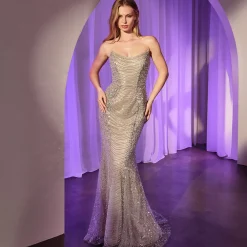 Unique Vintage Special Occasion|Prom Dresses>Cinderella Divine Silver Nude Beaded Fitted Strapless Prom Dress