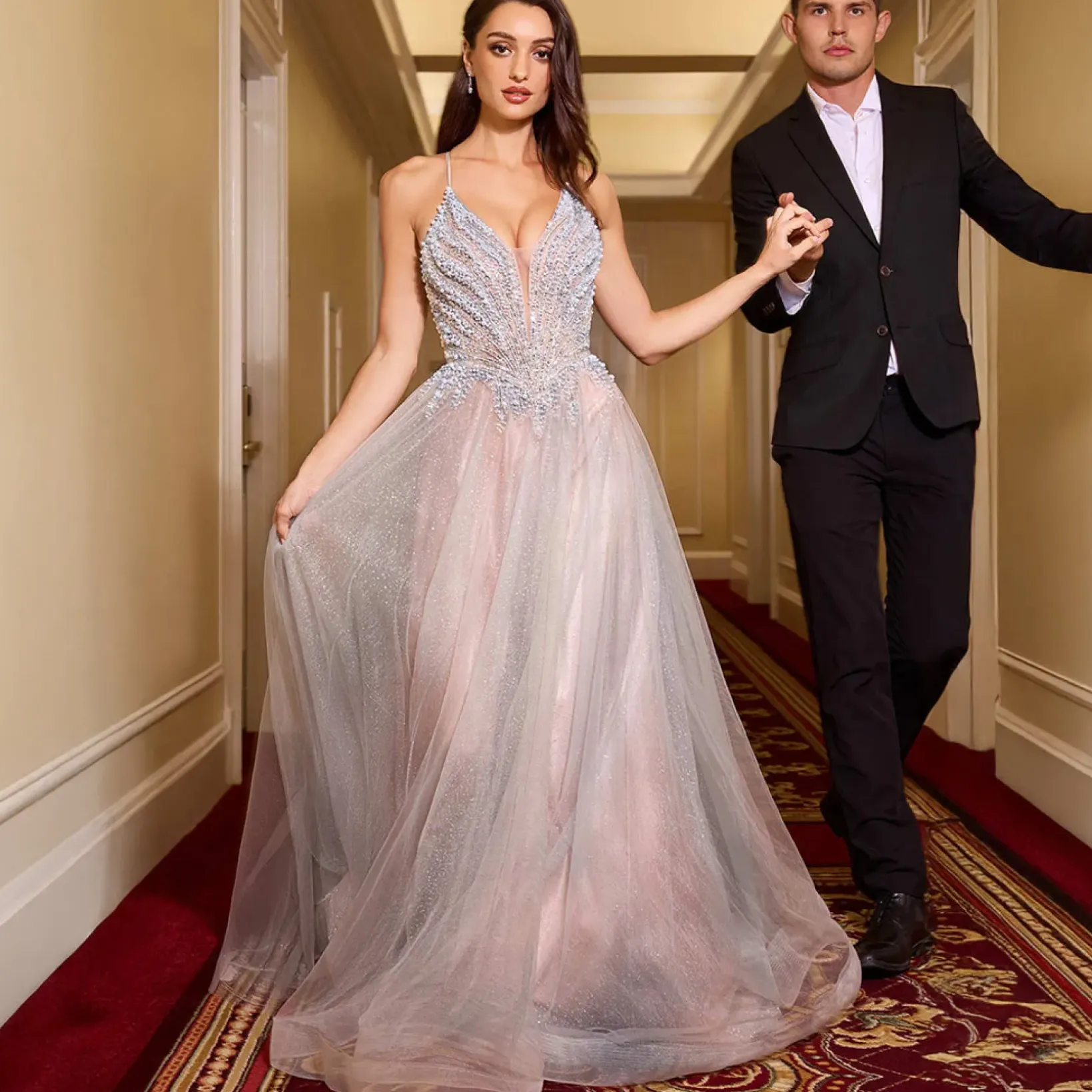 Unique Vintage Special Occasion|Prom Dresses>Cinderella Divine Silver Nude Pearl Beaded Sleeveless Prom Dress