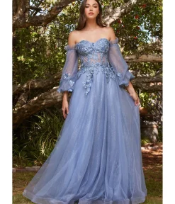 Unique Vintage Special Occasion|Prom Dresses>Cinderella Divine Smokey Blue Floral Off The Shoulder Fairytale Prom Dress