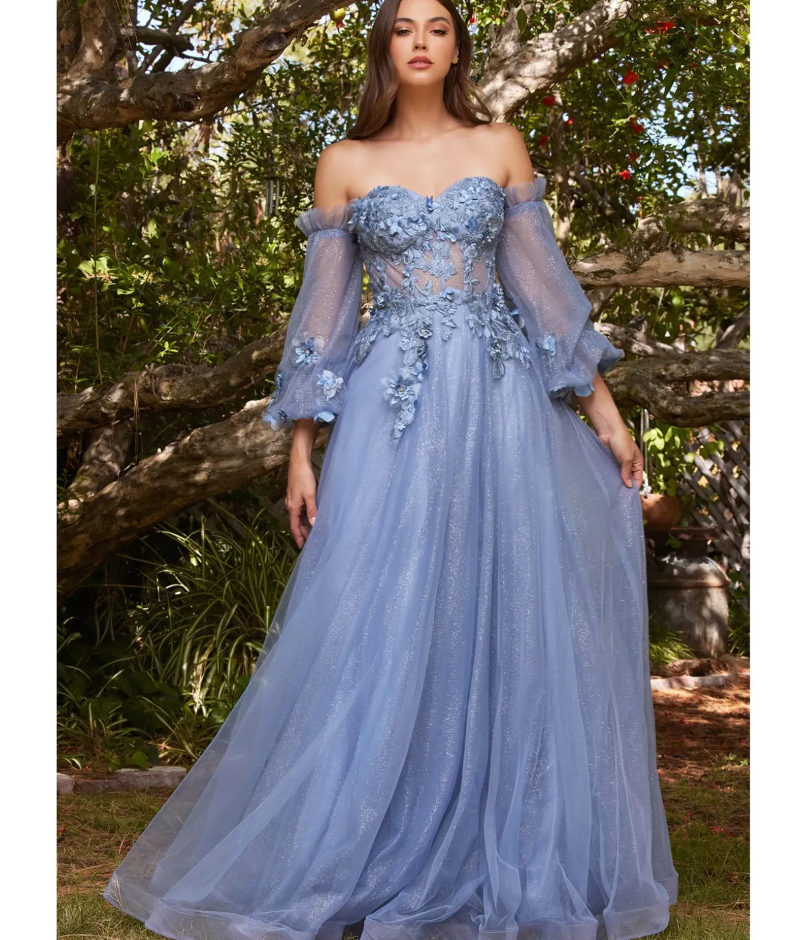 Unique Vintage Special Occasion|Prom Dresses>Cinderella Divine Smokey Blue Floral Off The Shoulder Fairytale Prom Dress
