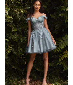 Unique Vintage Special Occasion|Prom Dresses>Cinderella Divine Smoky Blue Beaded & Floral Applique Off The Shoulder Cocktail Dress