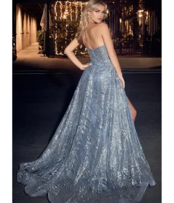 Unique Vintage Special Occasion|Prom Dresses>Cinderella Divine Smoky Blue Glitter Printed Strapless Mermaid Evening Gown