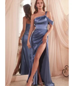 Unique Vintage Special Occasion|Prom Dresses>Cinderella Divine Smoky Blue Ruched Satin One Shoulder Evening Gown