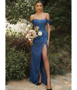 Unique Vintage Special Occasion|Prom Dresses>Cinderella Divine Soft Navy Divine Satin Corset Off-Shoulder Prom Dress