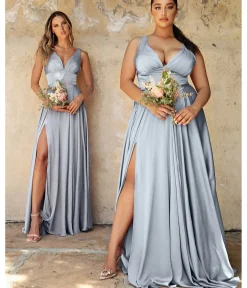 Unique Vintage Special Occasion|Prom Dresses>Cinderella Divine Steel Blue Glamour Satin A-Line Bridesmaid Dress