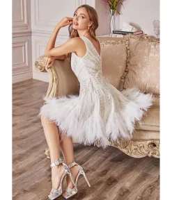 Unique Vintage Special Occasion|Prom Dresses>Cinderella Divine White Rhinestone & Feather Hem Bridal Mini Dress
