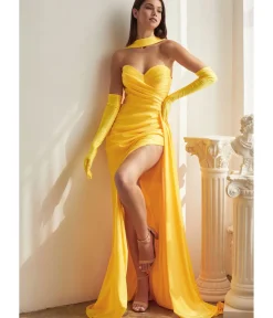 Unique Vintage Special Occasion|Prom Dresses>Cinderella Divine Yellow Satin Strapless Halter Prom Gown with Gloves