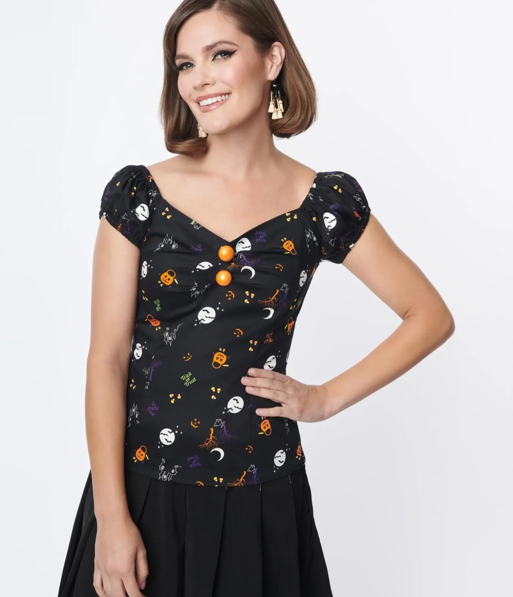Unique Vintage Halloween>Collectif Black All Hallows Eve Dolores Top