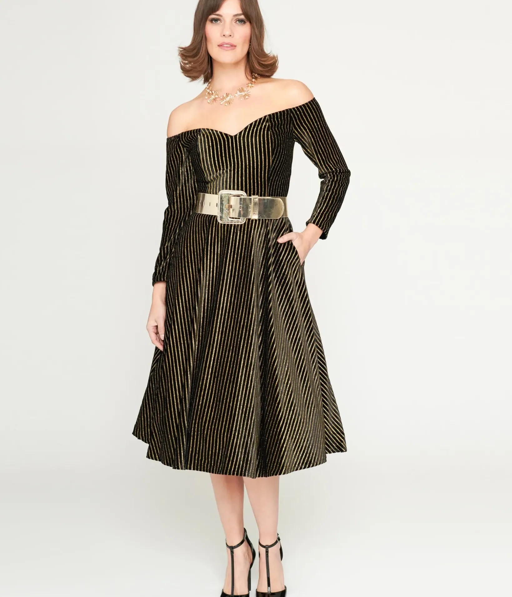 Unique Vintage Swing|Everyday Dresses>Collectif Black & Gold Glitter Striped Anjelica Swing Dress