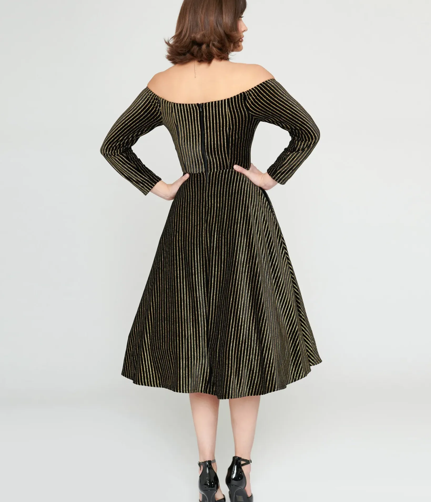 Unique Vintage Swing|Everyday Dresses>Collectif Black & Gold Glitter Striped Anjelica Swing Dress