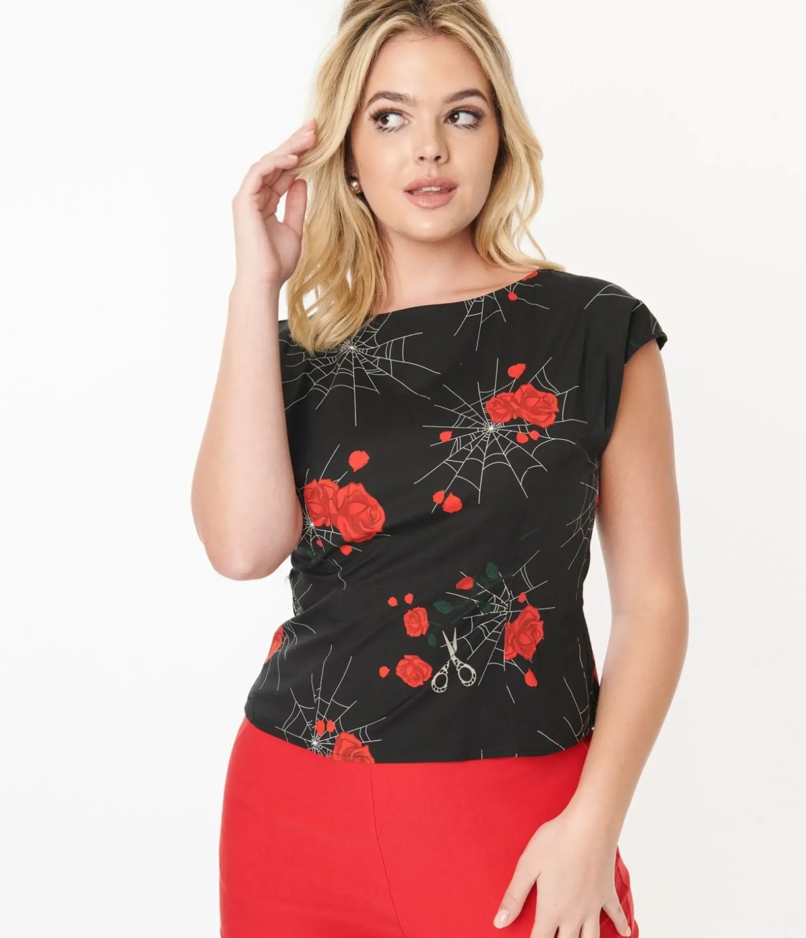Unique Vintage Halloween>Collectif Black Spinners Web & Roses Blouse