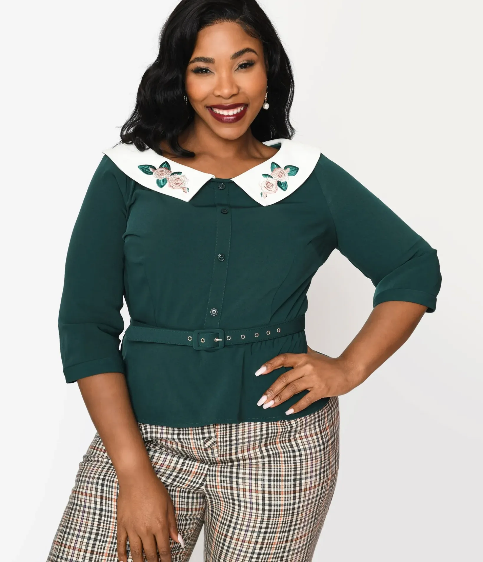 Unique Vintage Blouses|Work Wear>Collectif Green & Floral Collar Peplum Blouse