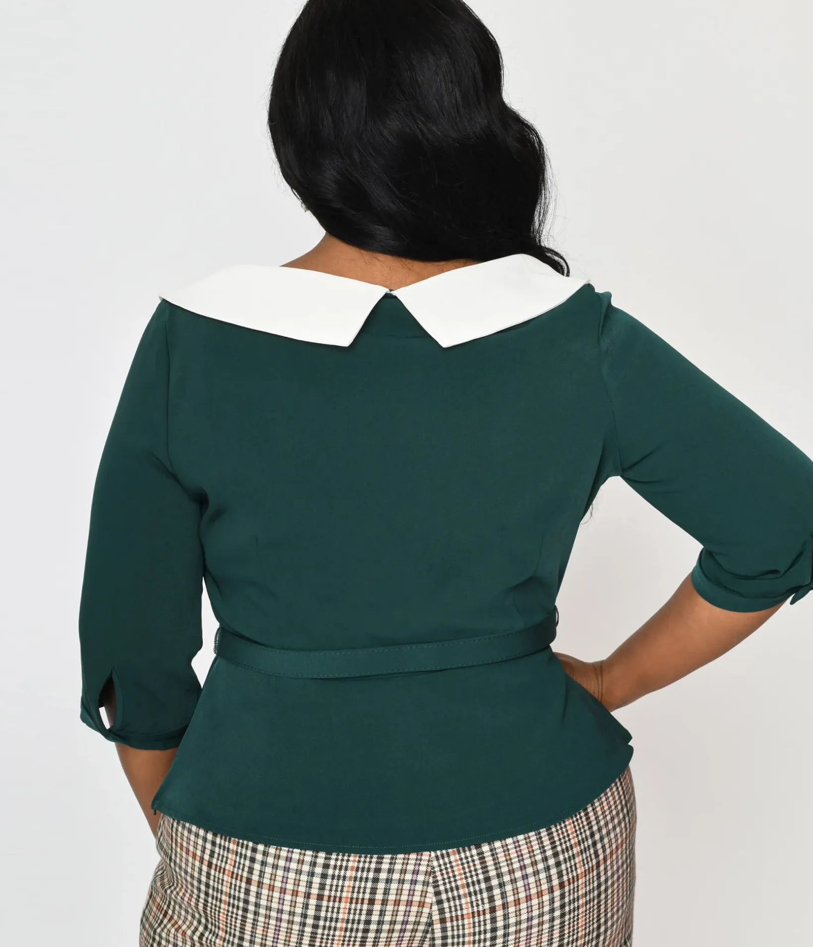Unique Vintage Blouses|Work Wear>Collectif Green & Floral Collar Peplum Blouse