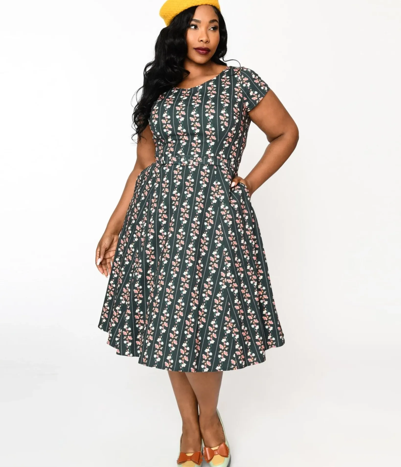 Unique Vintage Swing|Pocket Dresses>Collectif Green Wallflower Striped Swing Dress