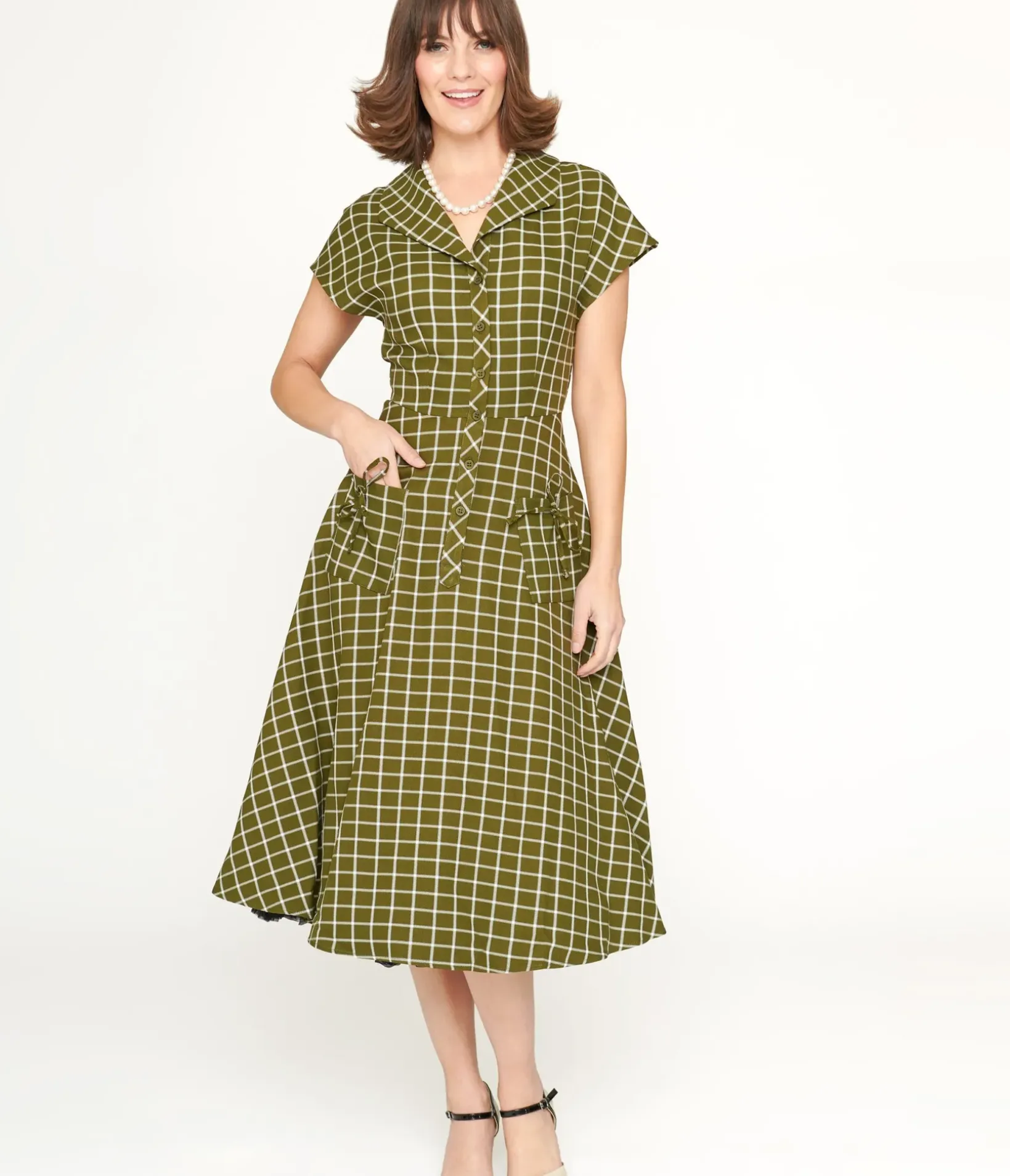 Unique Vintage Swing|Pocket Dresses>Collectif Green & White Checked Liza Acres Swing Dress